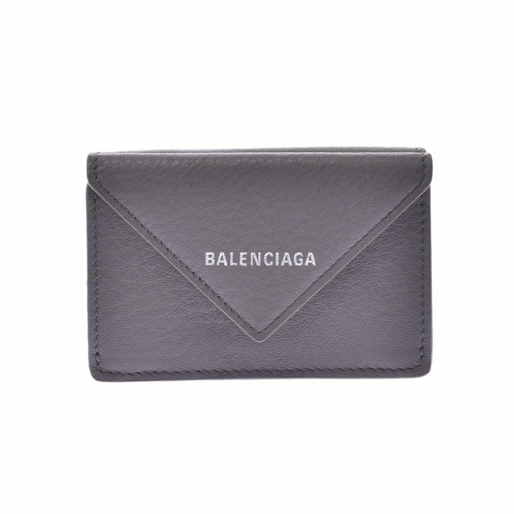 BALENCIAGA Paper Wallet Compact Gray Calfskin Tri fold